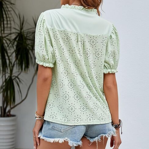 Women's Summer Tops Dressy Casual Short Lantern Sleeve Blouses V Neck Buttons Lace Eyelet Tops Shirts 2024 in Saudi Arabia