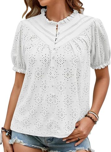Women's Summer Tops Dressy Casual Short Lantern Sleeve Blouses V Neck Buttons Lace Eyelet Tops Shirts 2024 in Saudi Arabia