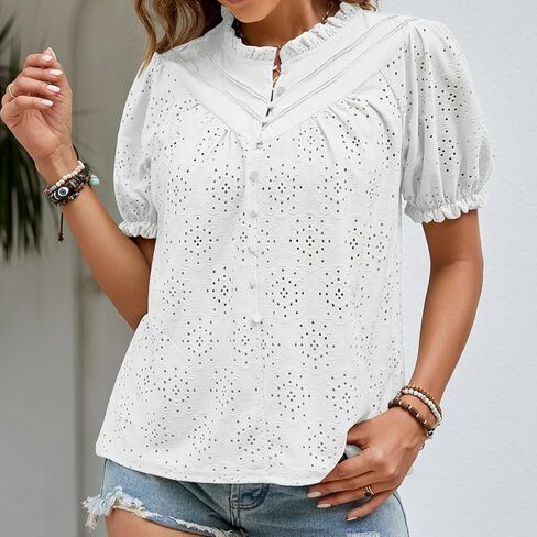 Women's Summer Tops Dressy Casual Short Lantern Sleeve Blouses V Neck Buttons Lace Eyelet Tops Shirts 2024 in Saudi Arabia