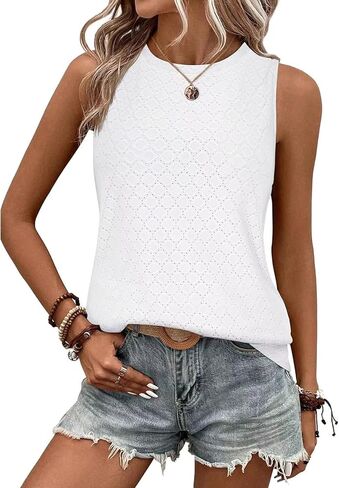 Tank Tops for Women Sleeveless Eyelet Shirts Loose Fit High Neck Cami Going Out Basic Tanks Cute Summer Top in Saudi Arabia