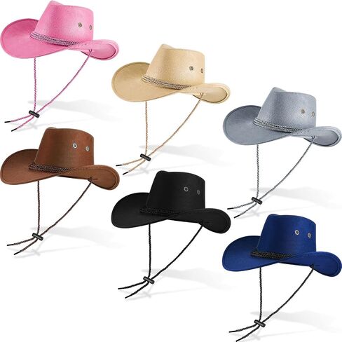 6 Pcs Men's Cowboy Hats Bulk Faux Felt Western Cowboy Hat Wide Brim Fedora Outdoor Cowboy Hat with Strap Cowboy Party Hats in Saudi Arabia