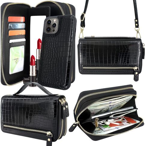 Harryshell Compatible with iPhone 12 Pro Max 6.7 inch 2020 Case Wallet Multi Zipper Detachable Magnetic Cover Clutch Purse with Card Slots Mirror Crossbody Chain Wrist Strap (Black) in Saudi Arabia