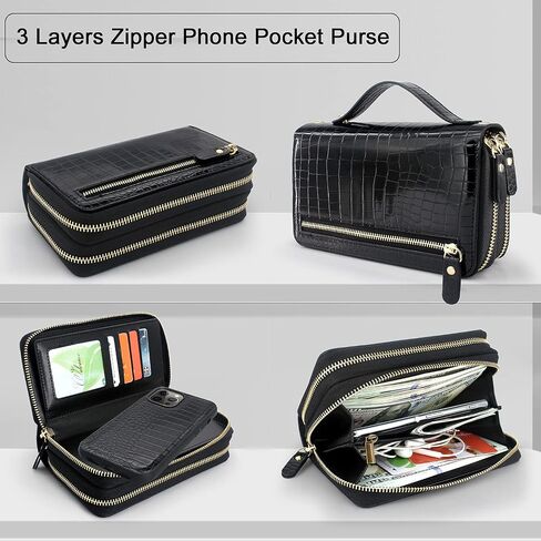 Harryshell Compatible with iPhone 12 Pro Max 6.7 inch 2020 Case Wallet Multi Zipper Detachable Magnetic Cover Clutch Purse with Card Slots Mirror Crossbody Chain Wrist Strap (Black) in Saudi Arabia