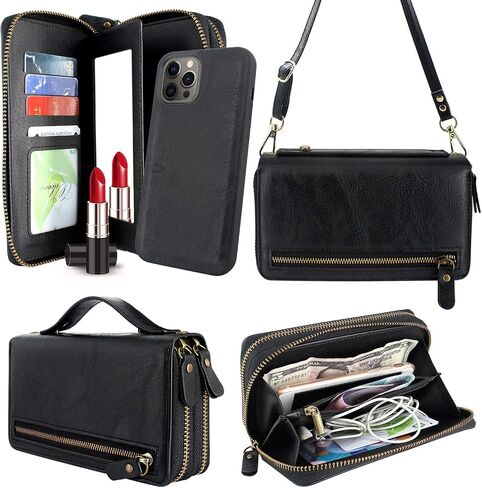 Harryshell Compatible with iPhone 12 Pro Max 6.7 inch 2020 Case Wallet Multi Zipper Detachable Magnetic Cover Clutch Purse with Card Slots Mirror Crossbody Chain Wrist Strap (Black) in Saudi Arabia