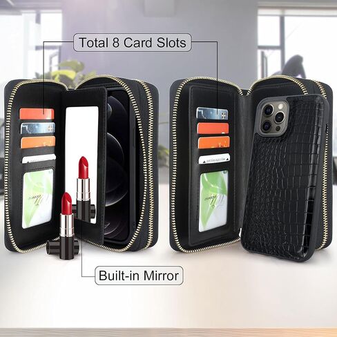 Harryshell Compatible with iPhone 12 Pro Max 6.7 inch 2020 Case Wallet Multi Zipper Detachable Magnetic Cover Clutch Purse with Card Slots Mirror Crossbody Chain Wrist Strap (Black) in Saudi Arabia