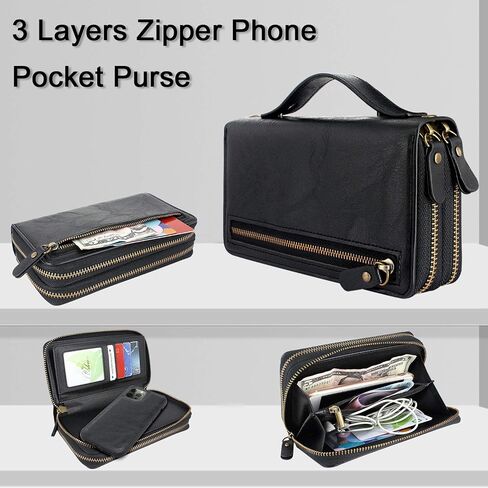 Harryshell Compatible with iPhone 12 Pro Max 6.7 inch 2020 Case Wallet Multi Zipper Detachable Magnetic Cover Clutch Purse with Card Slots Mirror Crossbody Chain Wrist Strap (Black) in Saudi Arabia