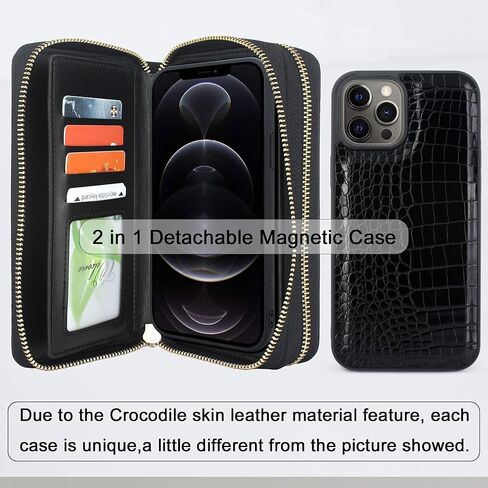 Harryshell Compatible with iPhone 12 Pro Max 6.7 inch 2020 Case Wallet Multi Zipper Detachable Magnetic Cover Clutch Purse with Card Slots Mirror Crossbody Chain Wrist Strap (Black) in Saudi Arabia