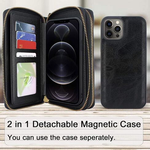 Harryshell Compatible with iPhone 12 Pro Max 6.7 inch 2020 Case Wallet Multi Zipper Detachable Magnetic Cover Clutch Purse with Card Slots Mirror Crossbody Chain Wrist Strap (Black) in Saudi Arabia
