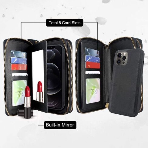 Harryshell Compatible with iPhone 12 Pro Max 6.7 inch 2020 Case Wallet Multi Zipper Detachable Magnetic Cover Clutch Purse with Card Slots Mirror Crossbody Chain Wrist Strap (Black) in Saudi Arabia