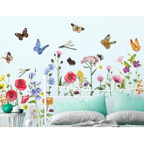 Amaonm Large Removable 3D Spring Colorful Flowers Wall Decal DIY Peel and Stick Flying Butterfly Wall Stickers Floral Plants Vine Wall Decor for Home Nursery Little Girls Teens Bedroom Living Room (A)
