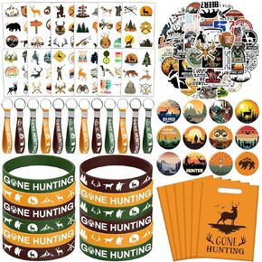 110PCS Hunting Birthday Party Decorations Favors Includes 50 Hunting Stickers,12 Keychain, 12 badge, 12 Wristband, 12Bags, 12 sheet tattoos for for Boys Girls Gifts Deer Baby Shower Birthday Party