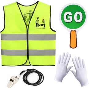 Kids Crossing Guard Kit Traffic Reflective Safety Vest Double-Sided Stop Go Sign Gloves Whistle for Schools Teaching Career Costume