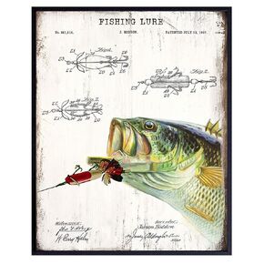 Rustic Fish Wall Art - Bass Lure Patent Print Poster - Photo Sign Plaque - Vintage Farmhouse Home Decor for Beach or Lake House, Man Cave, Living Room, Office - Fishing Gift for Men - 8x10 Unframed