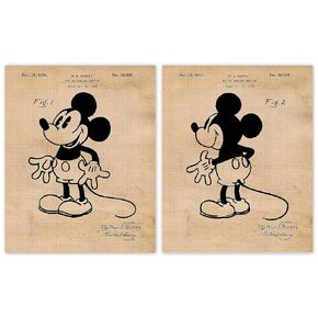 Vintage Mickey Patent Prints, 2 (8x10) Unframed Photos, Wall Art Decor Gifts for Home Walter Disney Office Garage Studio Nursery School College Student Teacher Coach Film Movies Fan Animation Engineer