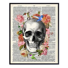 Goth Gothic Skull Wall Decor - Boho, Bohemian Vintage Medical Wall Art for Bedroom, Living Room, Doctor Office - Shabby Chic Gift for Women, Nurse, RN, CNA - 8x10 UNFRAMED Floral Poster