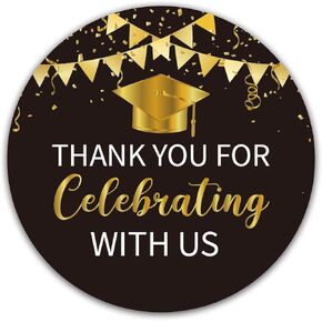 2" Black and Gold Graduation Thank You Stickers, 50 Congrats Grad Party Round Favor Sticker Labels.