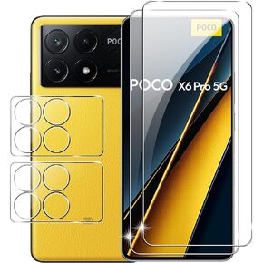 واقي شاشة Xiaomi Poco X6 Pro 5G مع واقي عدسة الكاميرا، غطاء زجاجي مقوى مقاوم للخدش بصلابة 9H، صديق للحافظة، مضاد لبصمات الأصابع، مضاد للخدش (2+2 حزمة) شفاف