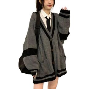 Women's Harajuku Korean Style Loose V-Neck Button Knit Cardigan Preppy Jacket