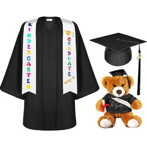 7 Pcs Unisex Matte 2024 Kindergarten Preschool Graduation Gown and Cap with Tassel Sash Plush Stuffed Bear Sets