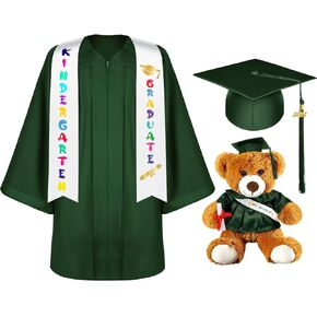 7 Pcs Unisex Matte 2024 Kindergarten Preschool Graduation Gown and Cap with Tassel Sash Plush Stuffed Bear Sets