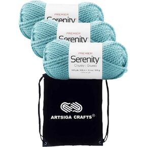 Premier Yarns Serenity Chunky Solid Reef 700-59 (3-Skeins - Same Dye Lot) Chunky Bulky #5 Acrylic Yarn for Crocheting and Knitting - Bundle with 1 Artsiga Crafts Project Bag
