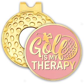 Golf is My Thrapy Pink Gold Golf Ball Marker with Hat Clip, Funny Golf Accessories for Women, Christmas Mother's Day Birthday Gifts for Golf Fan Golfer, Novelty Golf Gifts for Her