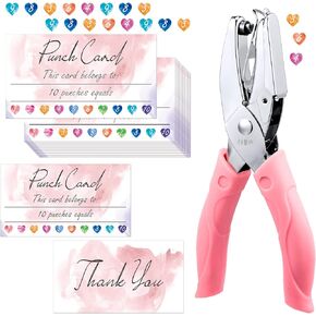 100 Pieces Watercolor Reward Punch Cards Loyalty Cards Incentive Cards and 1 Heart Shaped Metal Single Handheld Puncher for Business Home Classroom School Teacher Party Decor