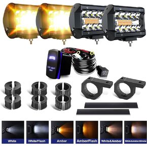 ASLONG 4Pcs 4inch LED Pods Strobe Lights, White/Amber Yellow LED Light Bar Driving Fog Offroad Cube Light w/Tube Clamp Mounting UTV Flag Mount Whip Light Mount Kit for ATV UTV Trucks w/Wiring Kit