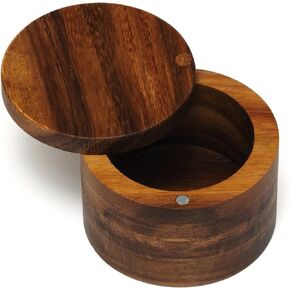 Efficacia Acacia Wood Salt or Spice Box with Swivel Cover perfect for keeping table salt, 3.5" diameter by 2.5 in tall box made With Pure Acacia Wood, close at hand on your countertop.