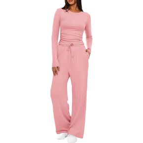PRETTYGARDEN Women's Fall Two Piece Outfits Track Suits Long Sleeve Crop Tops Tee Shirts Wide Leg Pants Matching Lounge Sets in Saudi Arabia