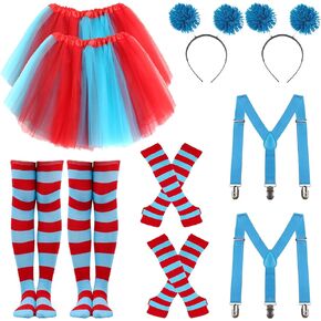 10PCS Cosplay Costume Set Include Red Blue Tulle Tutu Dress Striped Socks Gloves Party Outfit Accessories Movie Princess Skirt