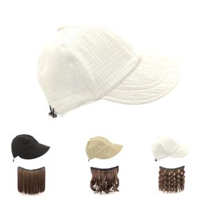 Women's Summer Baseball Cap Wig,Foldable Wide Brim Beach Sun Hat Wig,Hat with Hair Attached via Magic Tape, Detachable,Black