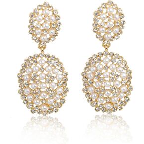 Wedding Crystal Faux Pearl Geometric Dangle Statement Earrings Rhinestone Simulated Freshwater Pearls Chandelier Bridal Dangling Drop Earring Luxury Jewelry Gifts for Women Girls Wife