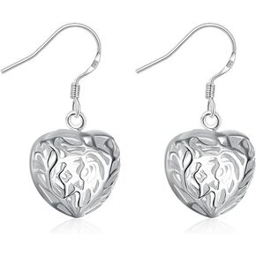 Heart Shaped Filigree Cage Fish Hook S925 Sterling Silver Plated Fashion Dangle Earrings for Women Girls Elegant Love Texture Dangling Jewelry Gifts