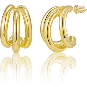 14K Gold and Sterling Silver Plated Hoop Earrings for Women. Trendy 3D Triple Hoop Earrings, Lightweight and Hypoallergenic, Gifts by Esmee Cardenas