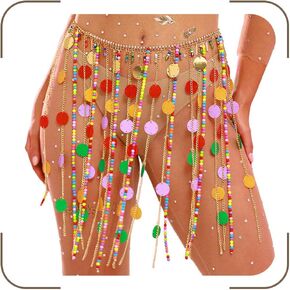 Kakaco Women Belly Dance Skirt Beads Fringe Waist Chain Skirts Rave Sequin Skirt Multi