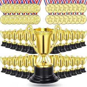 Fumete 48 Pcs Mini Trophies and Medals Set Includes 3.34'' Gold Plastic Trophy Cup and 1.4'' Winner Medals for Kids and Adults Party Favors School Sports Events Prize Competition
