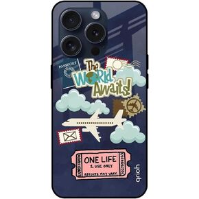 Modern Tour The World Print i Phone 15 Pro Glass Case Shock Proof Scratch Resistant Anti-Slip Slim Fit Mobile Cover (Multicolor) for Traveller