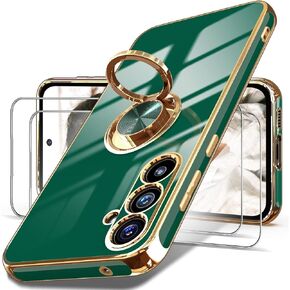Dretal for Samsung Galaxy S23 FE 5G Case, 2X Tempered Glass Screen Protector, 360° Rotatable Ring Holder Magnetic Kickstand,Plated Gold Edge Slim Soft TPU Protective Phone Case Cover (Purple)