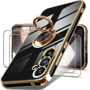 Dretal for Samsung Galaxy S23 FE 5G Case, 2X Tempered Glass Screen Protector, 360° Rotatable Ring Holder Magnetic Kickstand,Plated Gold Edge Slim Soft TPU Protective Phone Case Cover (Purple)