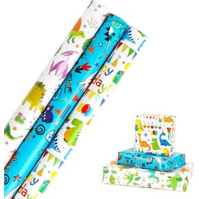 zjhiome ديناصور ورق التغليف لفة 3 لفات 43cmx3m هدية ورق التغليف ديناصور عيد ميلاد ورق التغليف للأطفال بنين بنات حفلة عيد ميلاد الطفل دش عيد الميلاد عطلة in Kuwait