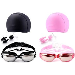Waterproof Swimming Goggles and Caps sets, No Leaking Anti Fog UV Protection Safety Glasses , PU Swim Cap for Adults