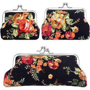 3 Pcs Floral Buckle Coin Purses 4.7'' 3.9'' 2.9'' Vintage Pouch Kiss Lock Small Clasp Wallet Rose Flower Change Purse for Women Girl
