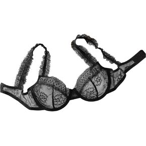 WDIRARA Women's Contrast Lace Mesh Sheer Bras Floral Embroidered Lingerie Crop Cami Bra
