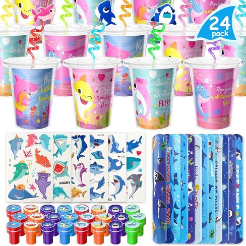 Shark Party Favors 24Sets Under The Sea -Themed Birthday Party Gifts for Baby Birthday Party Accessories with Drinking Straws Cups Card Slap Bracelets Tattoos Stampers for Kids Party Supplies in Kuwait
