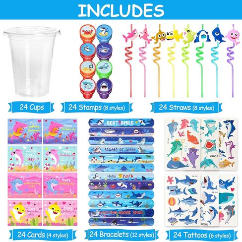 Shark Party Favors 24Sets Under The Sea -Themed Birthday Party Gifts for Baby Birthday Party Accessories with Drinking Straws Cups Card Slap Bracelets Tattoos Stampers for Kids Party Supplies in Kuwait