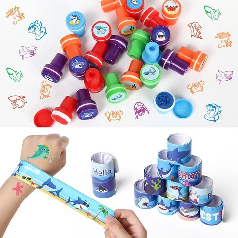 Shark Party Favors 24Sets Under The Sea -Themed Birthday Party Gifts for Baby Birthday Party Accessories with Drinking Straws Cups Card Slap Bracelets Tattoos Stampers for Kids Party Supplies in Kuwait