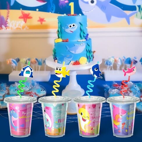Shark Party Favors 24Sets Under The Sea -Themed Birthday Party Gifts for Baby Birthday Party Accessories with Drinking Straws Cups Card Slap Bracelets Tattoos Stampers for Kids Party Supplies in Kuwait