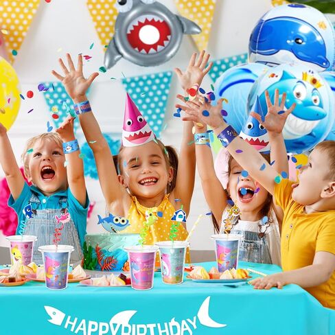 Shark Party Favors 24Sets Under The Sea -Themed Birthday Party Gifts for Baby Birthday Party Accessories with Drinking Straws Cups Card Slap Bracelets Tattoos Stampers for Kids Party Supplies in Kuwait