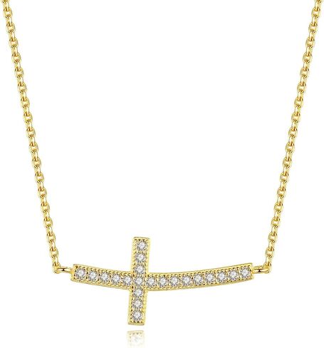 14K Gold Plated 925 Sterling Silver Cubic Zirconia Small Curved Sideways Cross Necklace for Women, 18 inch in Saudi Arabia